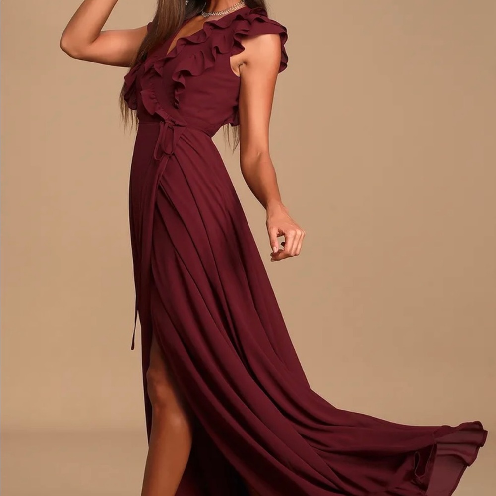 Lulus burgundy ruffled wrap maxi dress - Picture 4 of 6